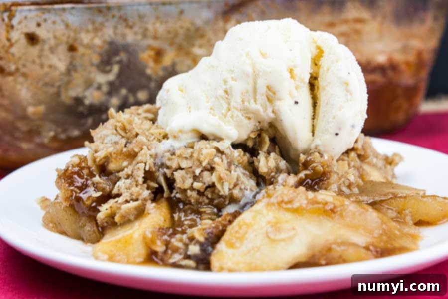 Comforting Apple Crisp with a Golden Oat Crumble 6 A serving of the classic apple crisp topped with vanilla ice cream on a white plate.