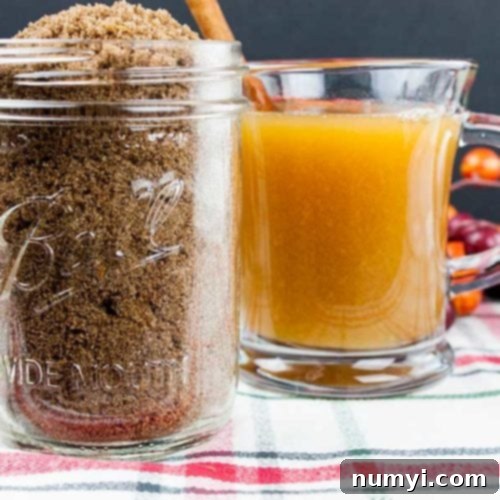Delicious homemade apple cider spice mix in a jar next to a steaming mug of mulled cider.