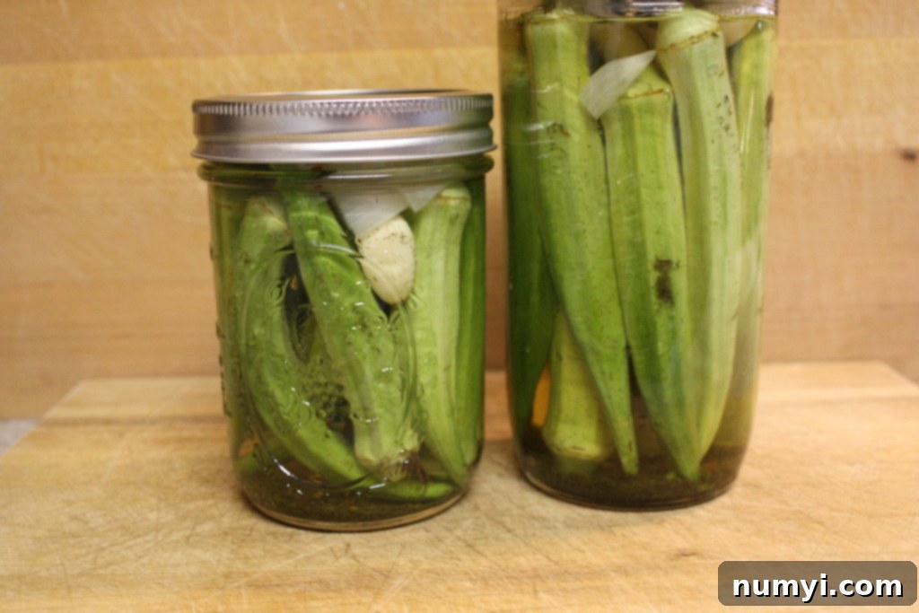 Freshly prepared pickled okra in sealed mason jars, showcasing a vibrant green color against a rustic background.