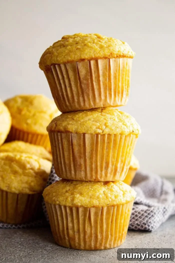 Golden Cornbread Delights 2 Three golden brown cornbread muffins stacked on top of each other, with more muffins blurred in the background, hinting at their delicious texture.