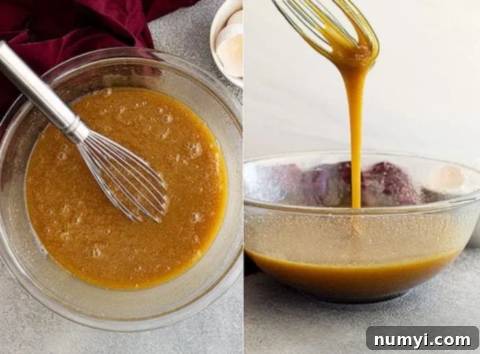 Two pictures showing the thickness of the batter before adding the dry ingredients. 