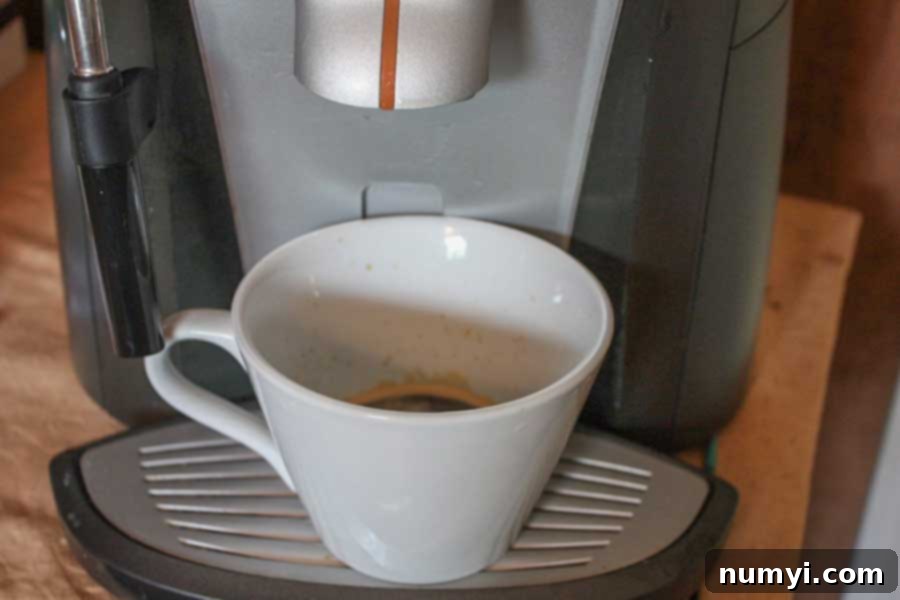 A rich, dark shot of espresso being pulled into a small white cup, showcasing the essential base for a delicious latte.