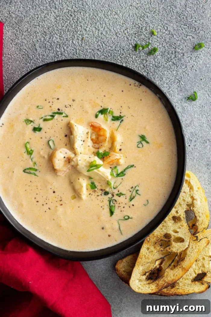 overhead: crab and shrimp seafood bisque in a black bowl garnished with green onions and black pepper