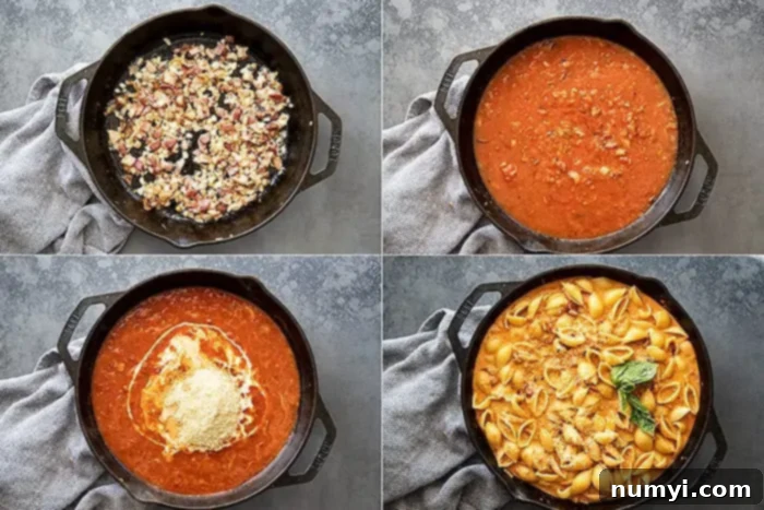 Easy Homemade Vodka Sauce 4 a process shot collage showcasing the step-by-step creation of an easy homemade vodka sauce, from sautéing to simmering