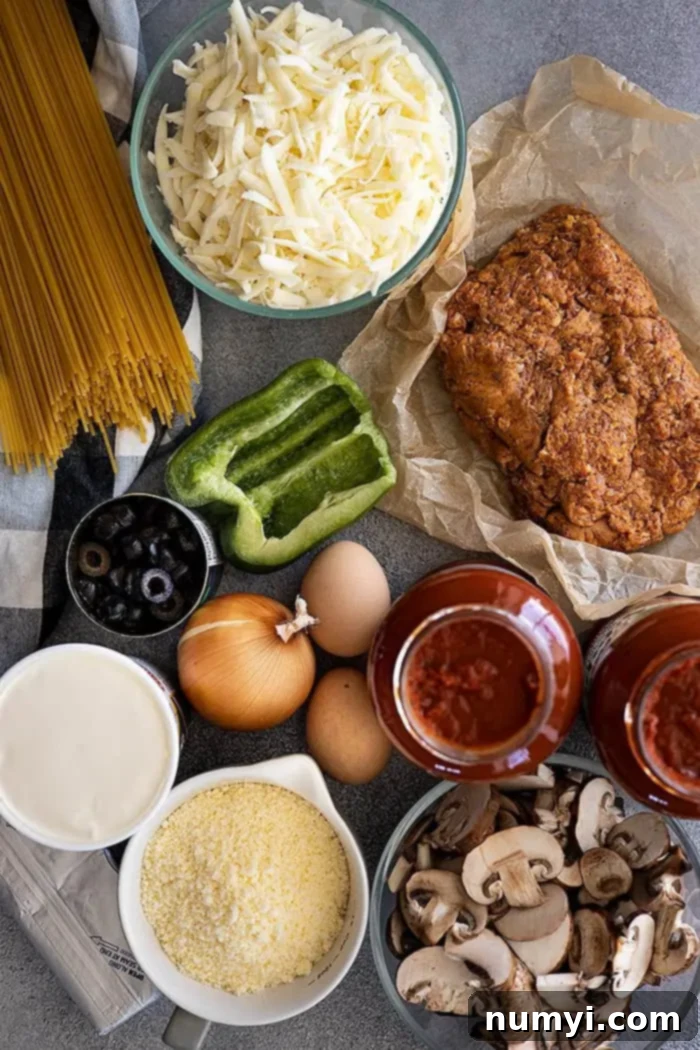 Million Dollar Baked Spaghetti 3 overhead: ingredients needed for million dollar spaghetti casserole