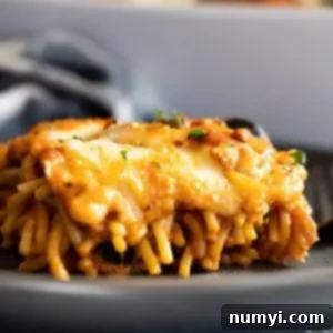 Million Dollar Baked Spaghetti 8 Close up of million dollar spaghetti on a plate.