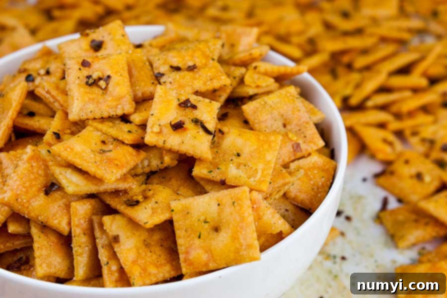Exploding Cheese Bites 6 Firecracker Cheez-Itz - closeup of the baked crackers in a white bowl