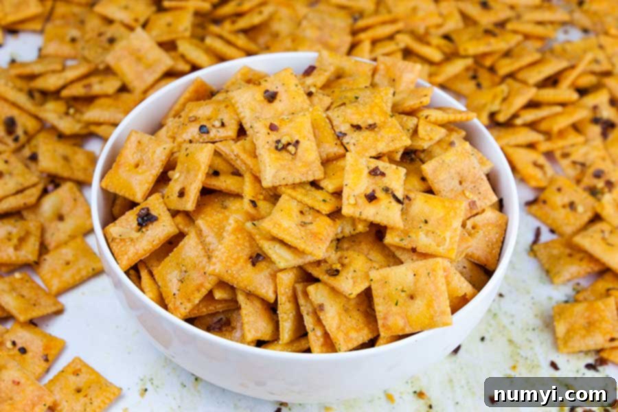 Exploding Cheese Bites 7 Firecracker Cheez-Itz - closeup of the baked crackers in a white bowl