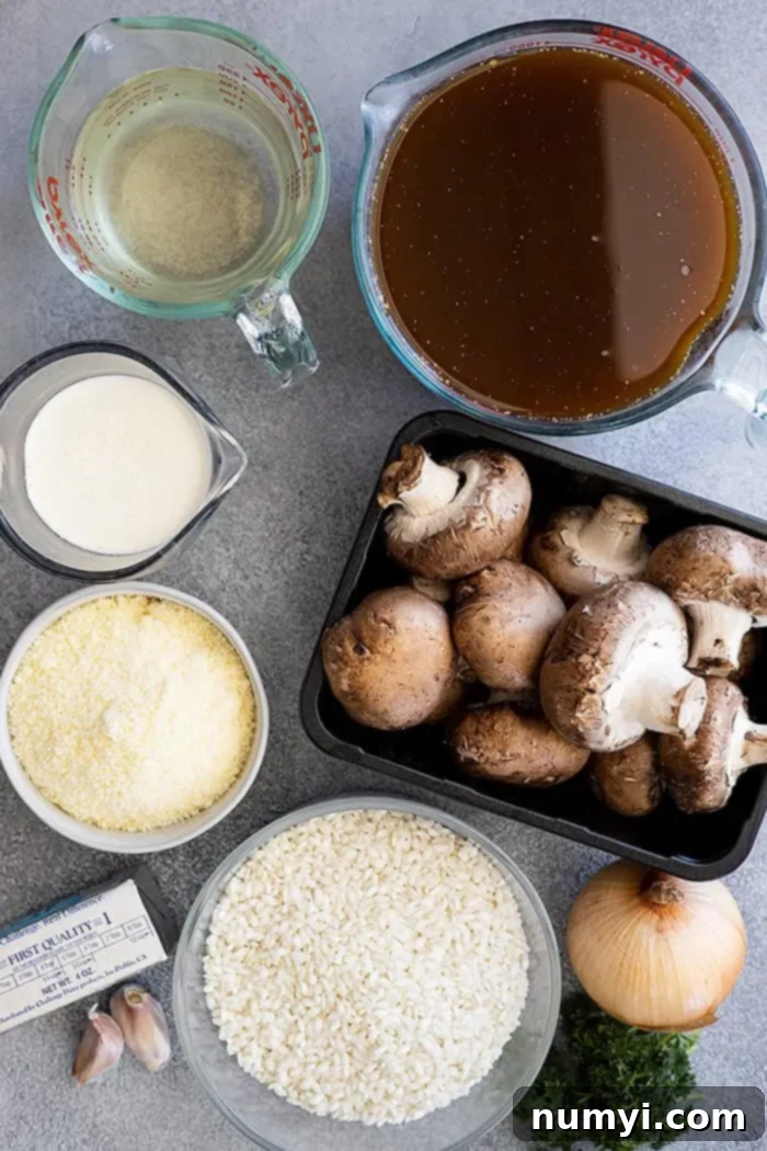 Effortless Mushroom Risotto 3 All the ingredients needed to make mushroom risotto.