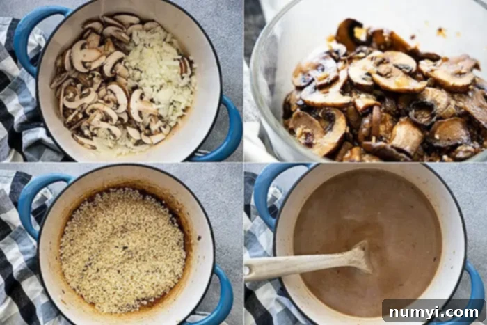 Effortless Mushroom Risotto 4 Four pictures showing how to cook the vegetables and toast the rice.