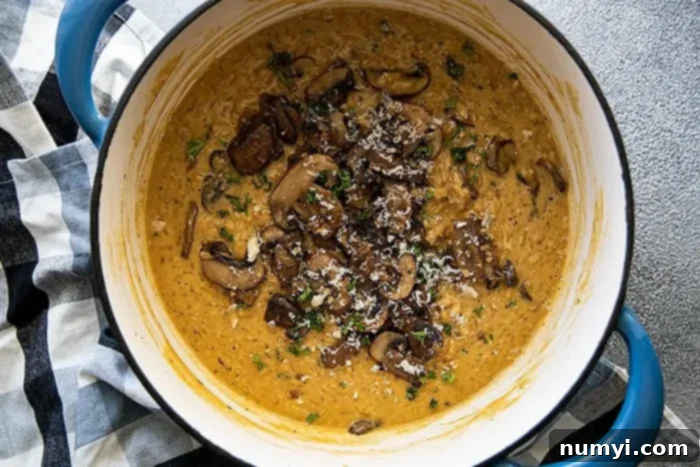 Effortless Mushroom Risotto 6 Overhead view of easy mushroom risotto garnished with parsley and parmesan cheese.