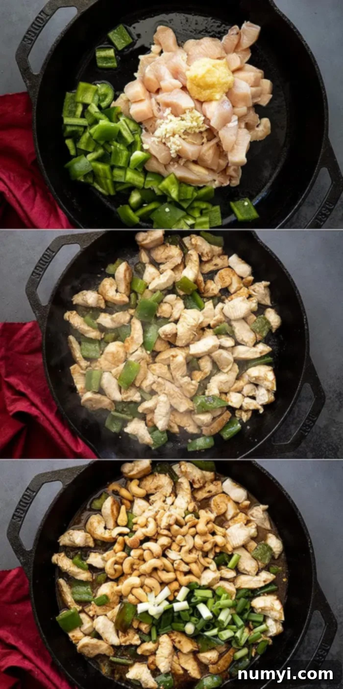 Three photos showing how to make cashew chicken.