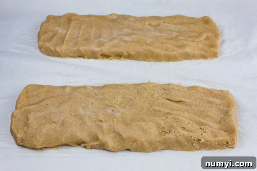 Spiced Apple Cider Biscotti dough formed into two logs on parchment paper, ready for the first bake.