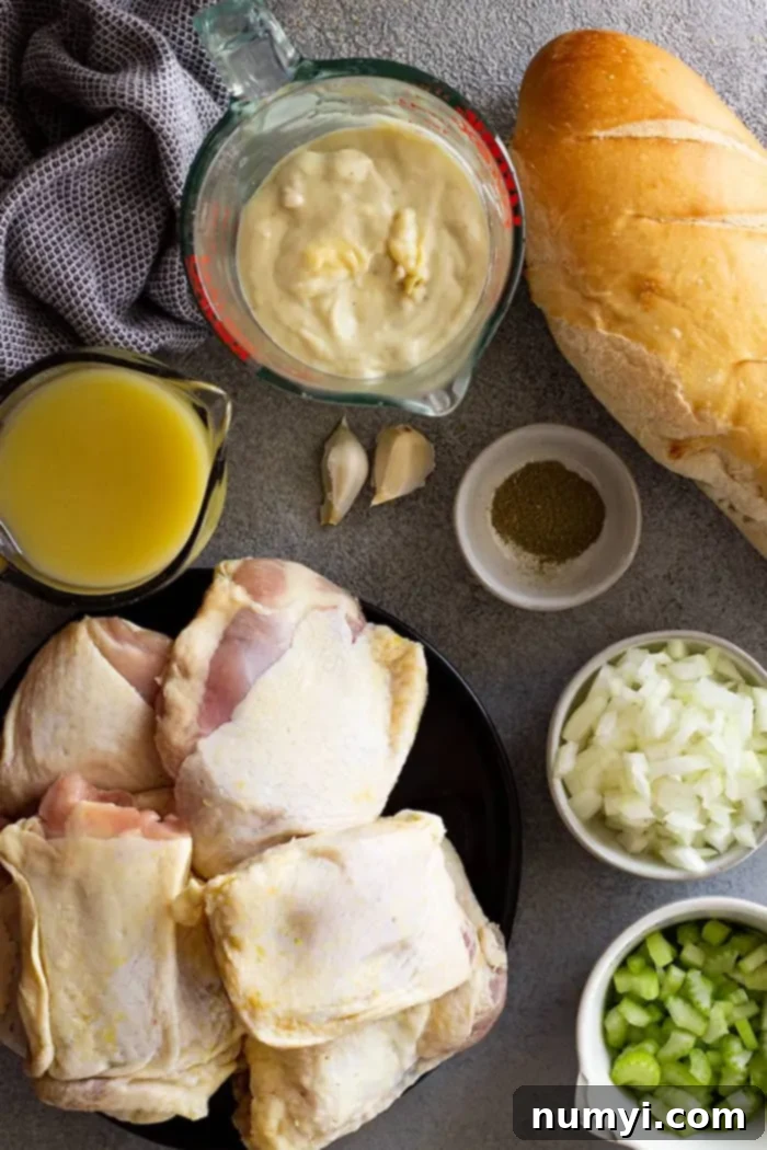 Comforting Chicken and Stuffing Bake 3 overhead: all the ingredients needed to make my chicken and stuffing casserole recipe