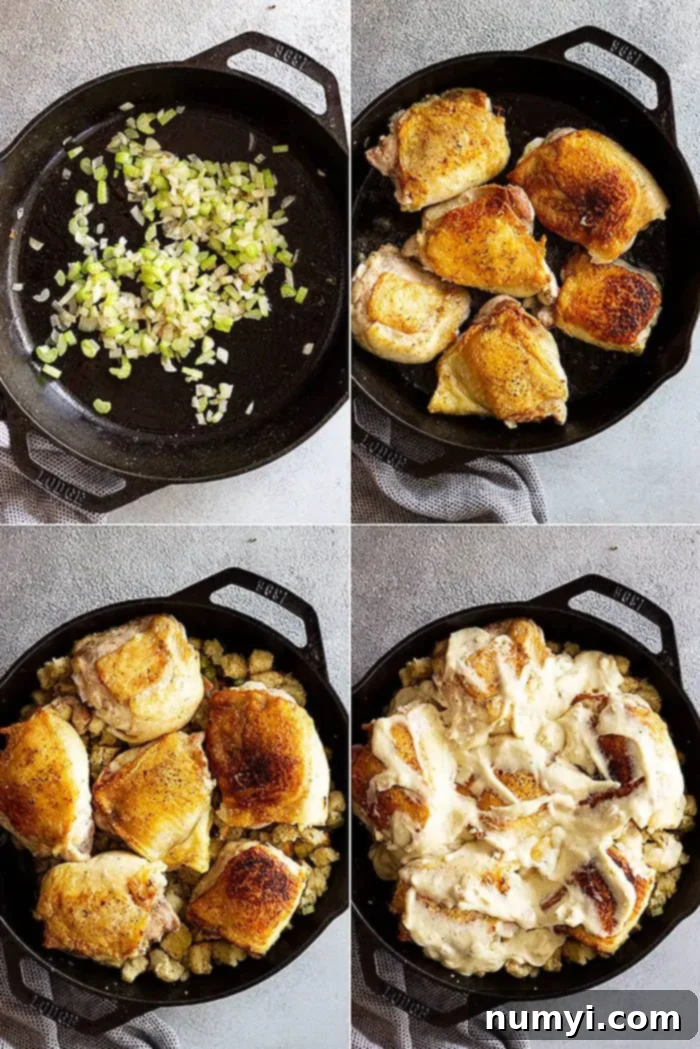 Comforting Chicken and Stuffing Bake 4 overhead process shot collage: four images showing how to make easy chicken and stuffing casserole