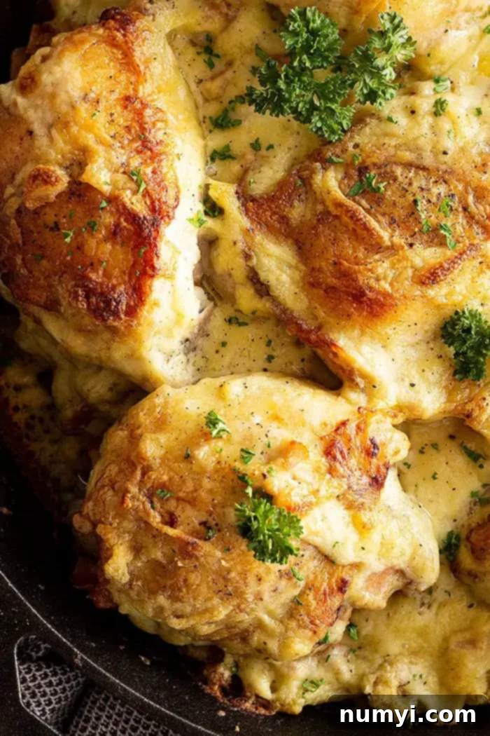 Comforting Chicken and Stuffing Bake 6 extreme closeup: chicken and stuffing casserole stove top recipe in the pan garnished with parsley