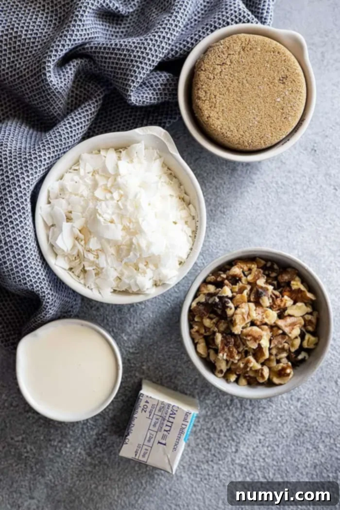 Ingredients needed to make the frosting: brown sugar, coconut, cream, butter, and nuts.