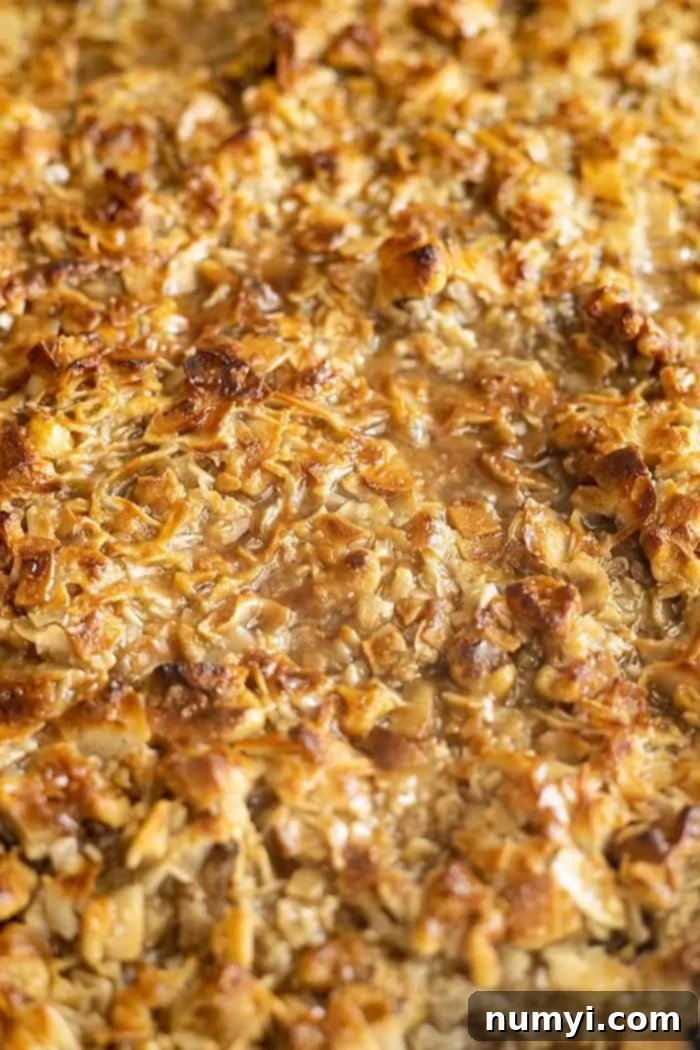 Close up of the lazy daisy frosting after it has been broiled. It's golden, crunchy, with some slightly gooey spots.