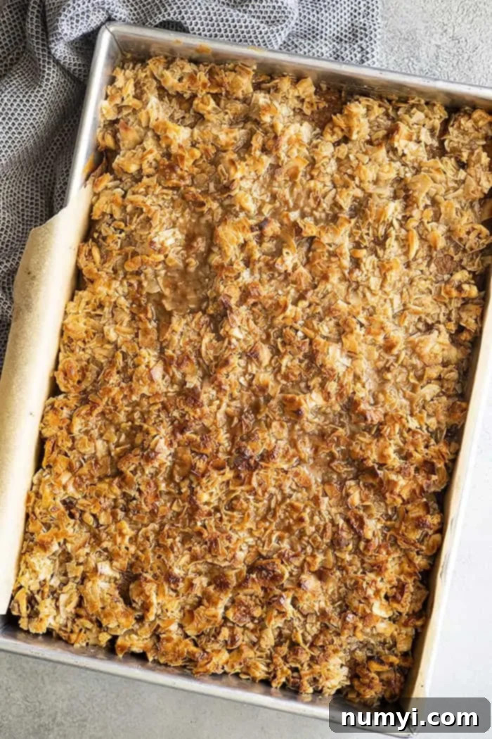 Hearty Spiced Oatmeal Cake 8 An inviting overhead shot of a freshly broiled Old Fashioned Oatmeal Cake, its caramelized coconut and nut topping perfectly golden and bubbly, with a few slices already cut, revealing the moist interior.