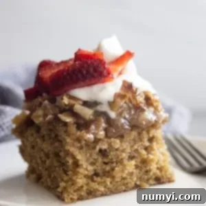 Hearty Spiced Oatmeal Cake 9 A large piece of Oatmeal Cake on a white plate topped with whipped cream and strawberries.