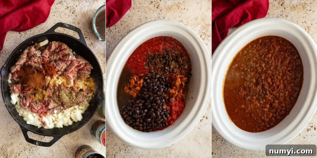 Three pictures showing how to make slow cooker chili.