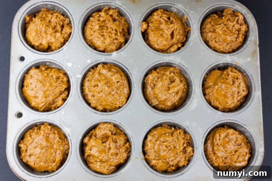 Spiced Molasses Muffins 4 Gingerbread muffin batter neatly divided into a 12-cup muffin tin, ready for baking.
