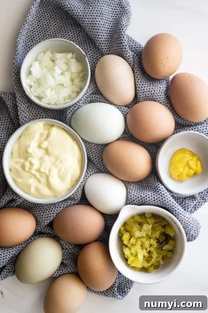 Irresistible Egg Salad 3 A flat lay photograph showcasing all five essential ingredients for the perfect classic egg salad: hard-boiled eggs, mayonnaise, mustard, diced onion, and dill pickle.