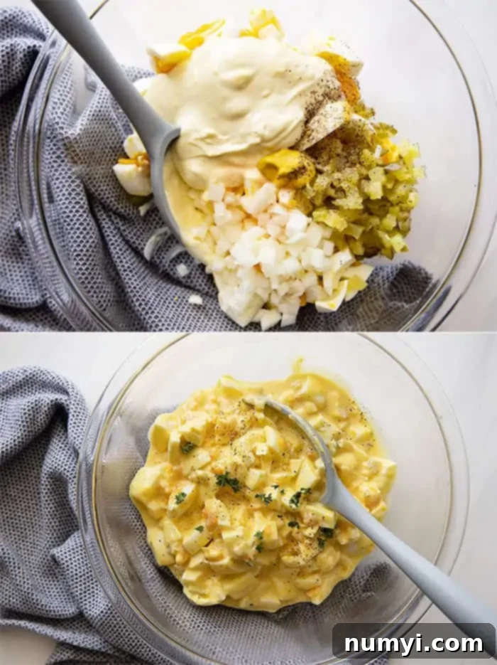 Irresistible Egg Salad 4 Two side-by-side images demonstrating the process of making egg salad. One image shows chopped hard-boiled eggs, and the other shows all ingredients mixed in a bowl.