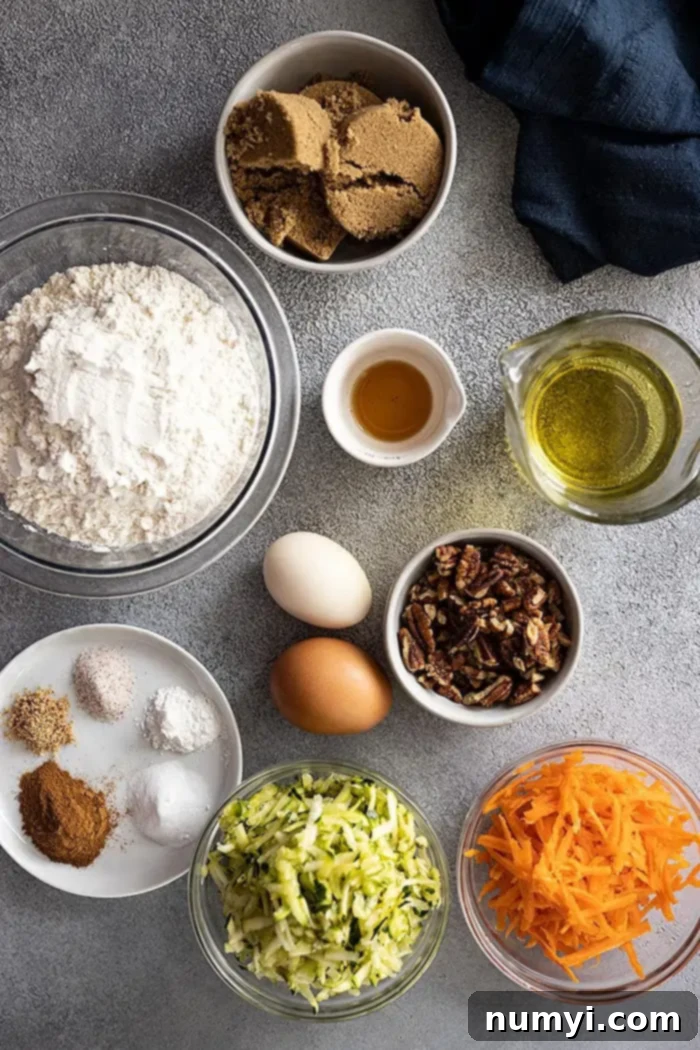 Wholesome Zucchini Carrot Loaf 3 overhead: ingredients needed to make zucchini bread with carrot