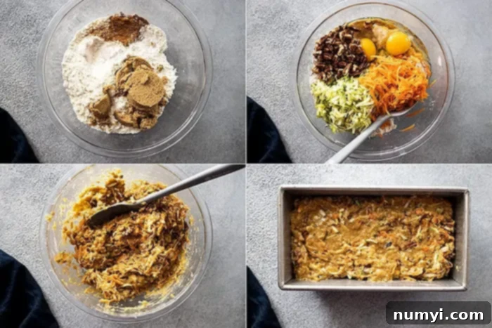 Wholesome Zucchini Carrot Loaf 4 overhead process shot collage: four pictures showing how to make carrot zucchini bread