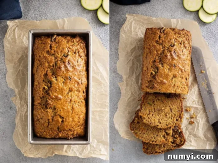 Wholesome Zucchini Carrot Loaf 6 overhead shot collage: two pictures showing the whole loaf of my zucchini carrot bread recipe and one showing the bread sliced