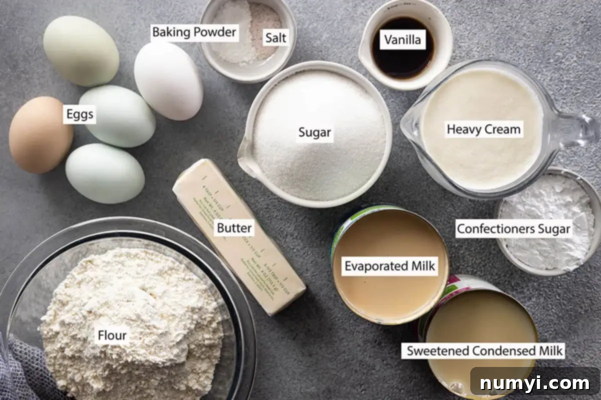 Ingredients: eggs, baking powder, salt, vanilla, sugar, butter, flour, heavy cream, evaporated milk, sweetened condensed milk, and confectioners sugar. 