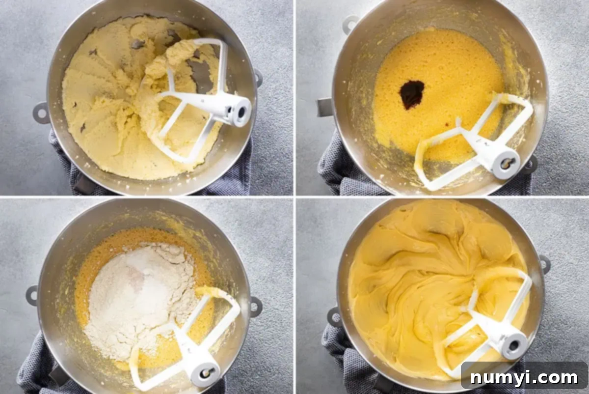 Four pictures showing how to mix up the cake batter. 