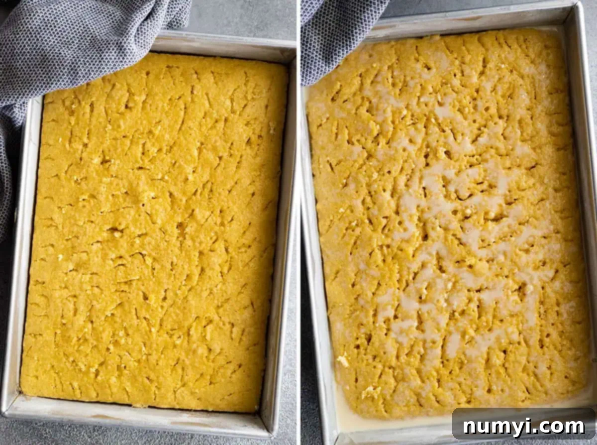 Two pictures showing the cake poked with holes and the milk drizzled over it. 