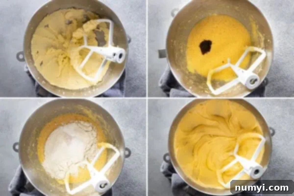 Four pictures showing how to mix up the cake batter.