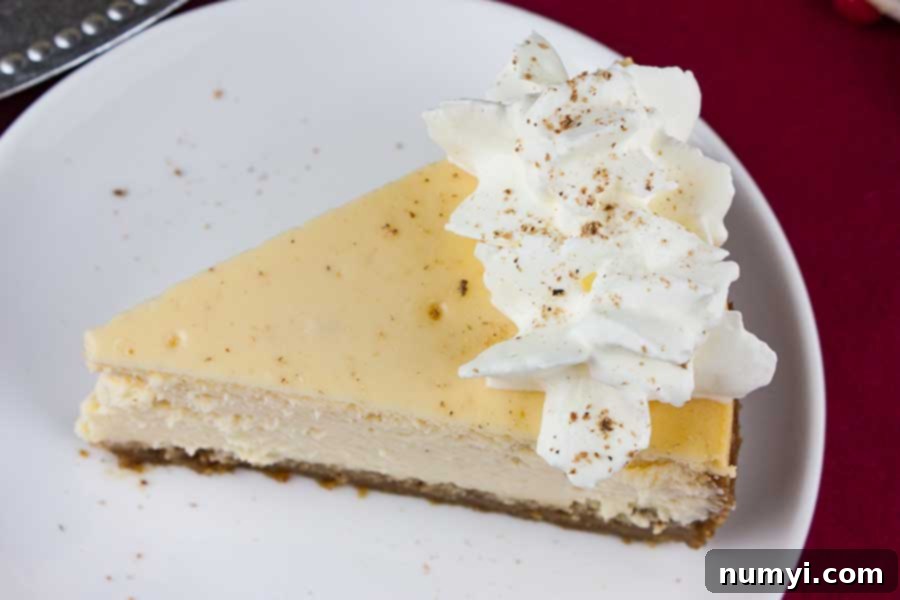 Another perspective of a single slice of eggnog cheesecake on a white plate, ready to be enjoyed.