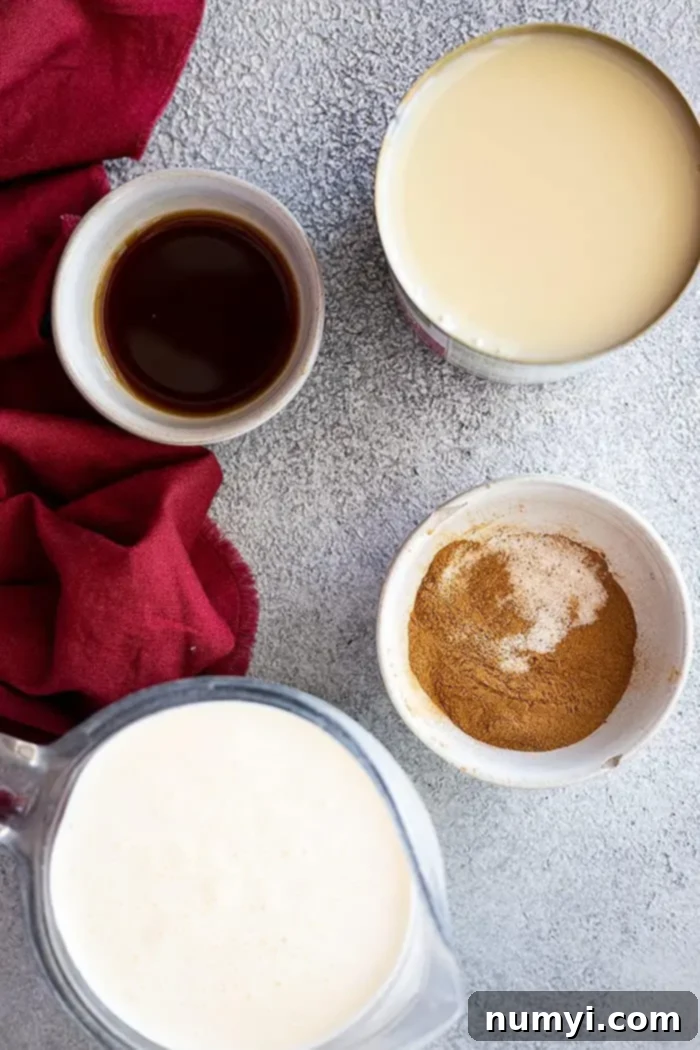 Only 5 simple ingredients are shown on a counter, emphasizing the ease of making this no-churn ice cream.