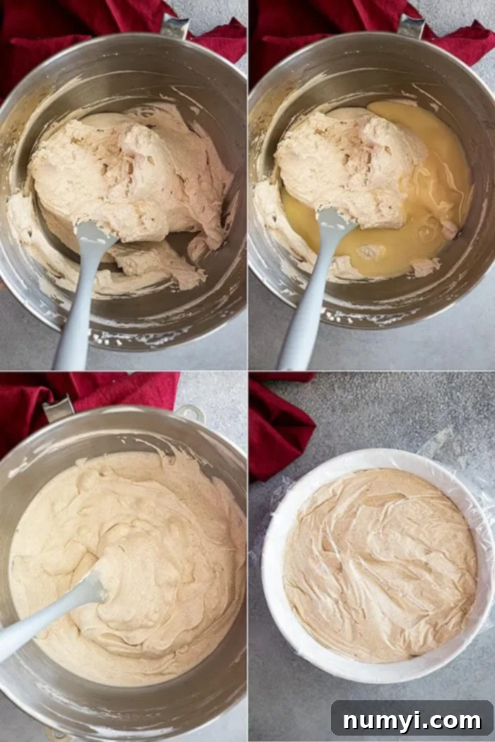 A series of four progressive images showing the step-by-step process of making the no-churn cinnamon ice cream.