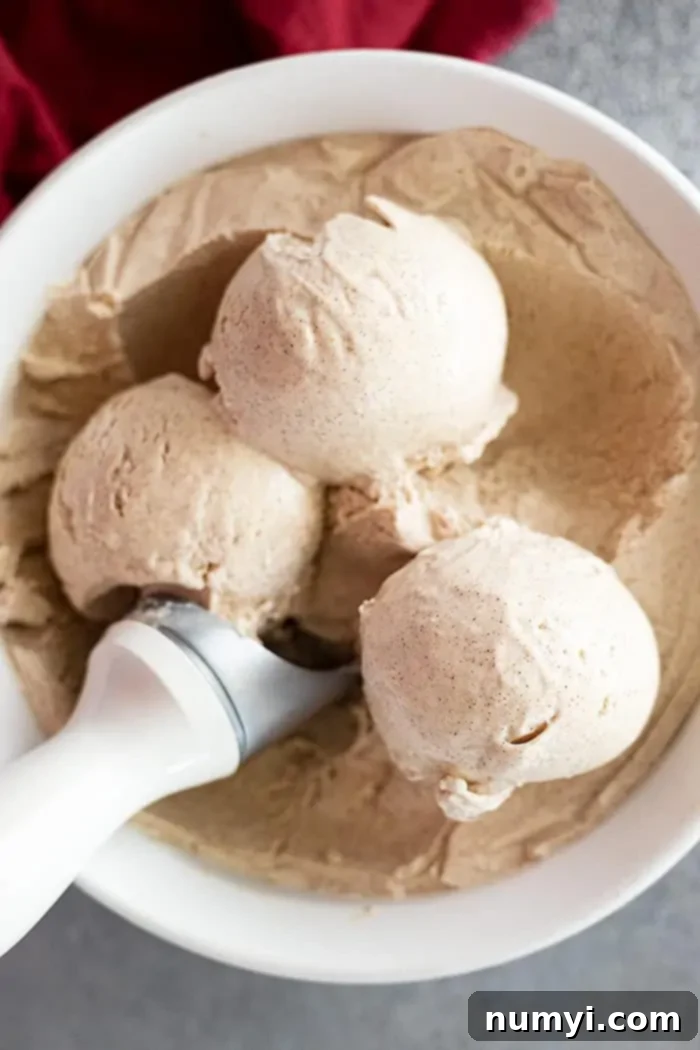 Three perfectly scooped balls of cinnamon ice cream sitting atop the remaining ice cream in a freezer container.