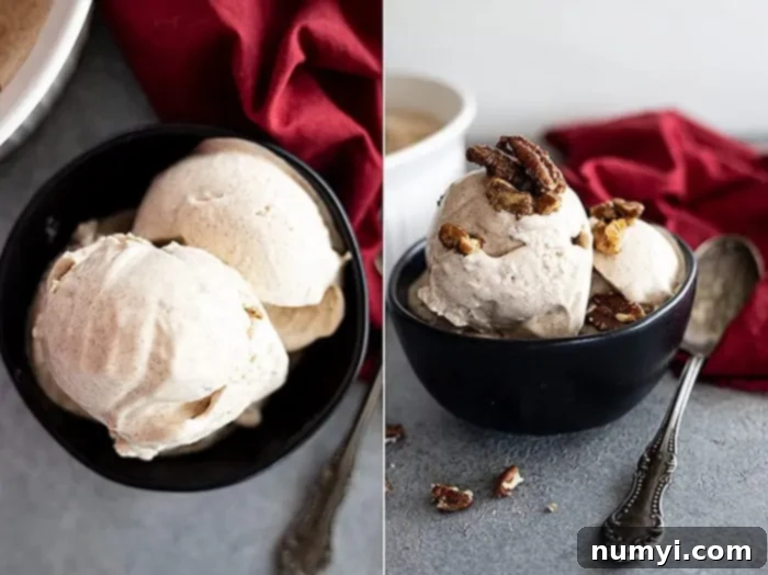 Two enticing pictures of cinnamon ice cream in a bowl, one garnished with roasted pecans.