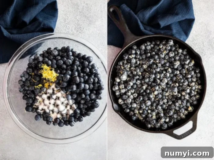 Two images demonstrating the preparation of the blueberry filling. The first shows a bowl of fresh blueberries, and the second displays the blueberries mixed with sugar, flour, lemon, and vanilla, ready for the baking dish.