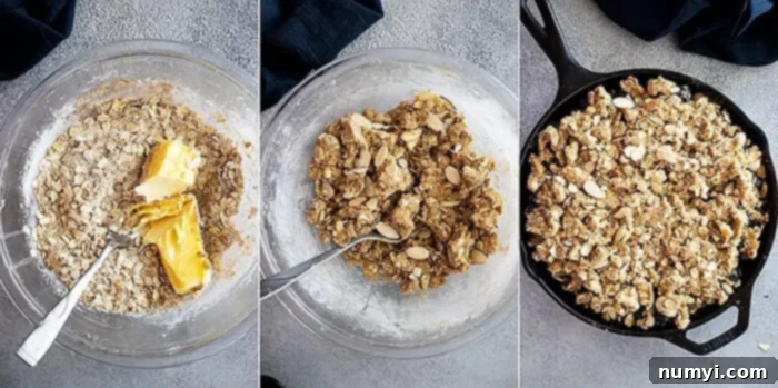 Three sequential images illustrating the process of making the crunchy oat topping: dry ingredients mixed, cold butter being cut into the mixture to form coarse crumbs, and finally, sliced almonds stirred in.