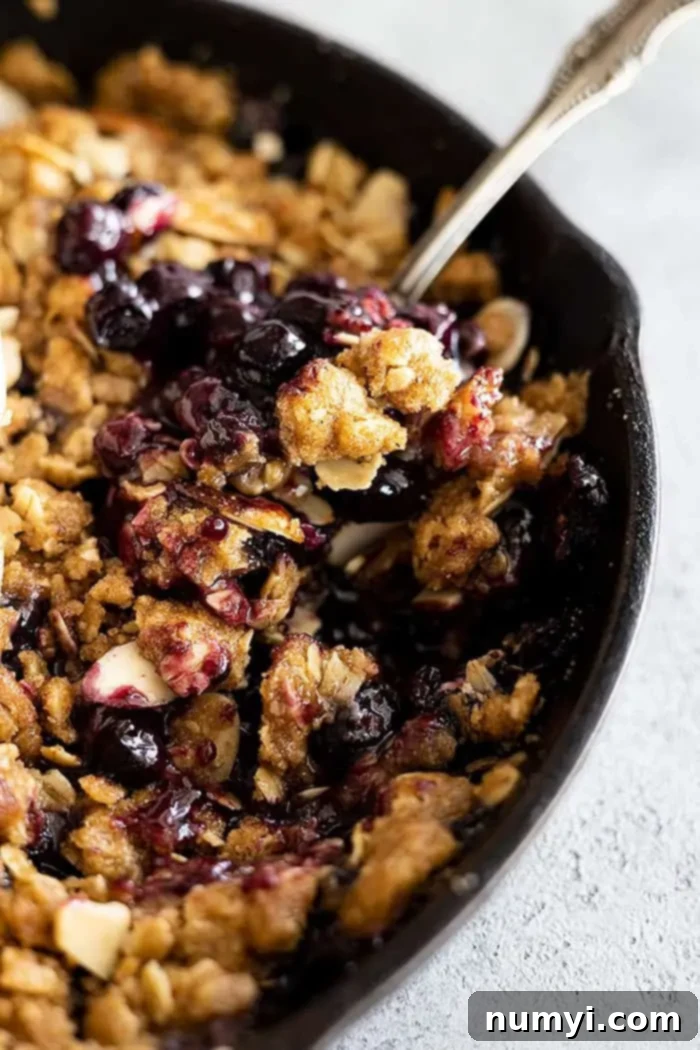 Close up shot of a spoon scooping a portion of warm blueberry crisp from a baking dish, showcasing the bubbly, thick fruit filling and the golden, crunchy oat streusel topping.