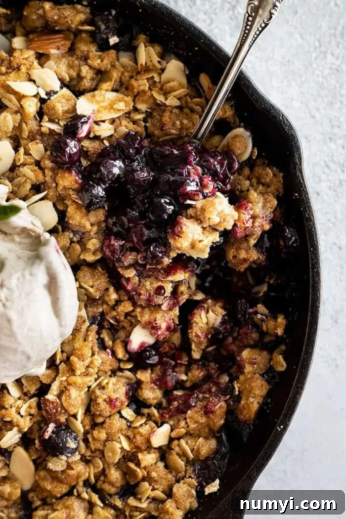 Close up photo of blueberry crisp with a spoon ready to serve. A scoop of melting vanilla ice cream sits on top, highlighting the bubbly, jammy blueberries and crunchy oat topping.