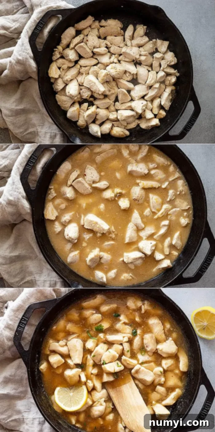 Three pictures showing how to make this fast and easy lemon chicken dish. 