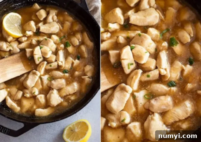 Two pictures one showing the lemon chicken in a pan with a lemon slice in it and the other is a close up to see the yummy sauce.