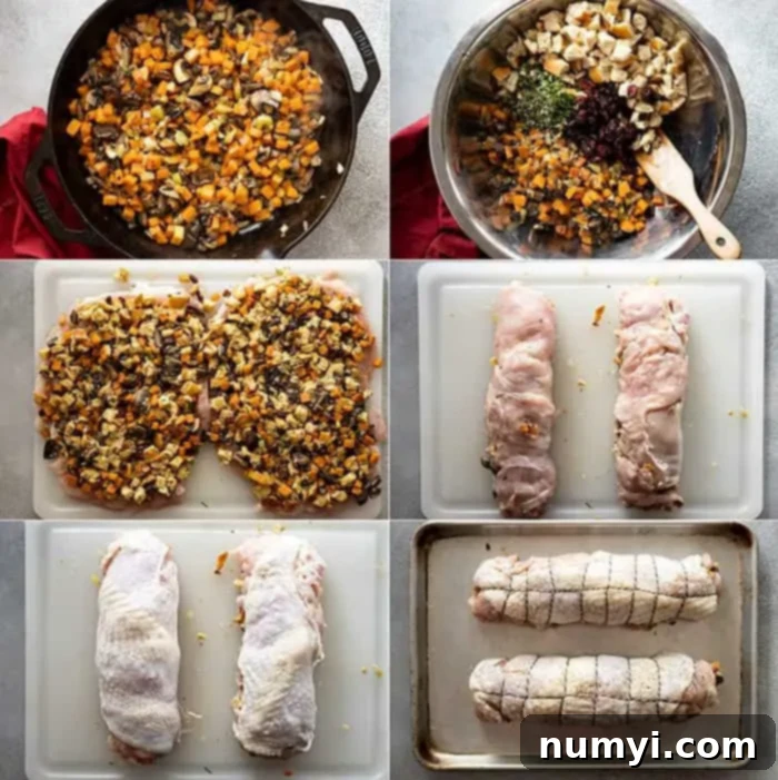 Sweet Potato Stuffed Turkey Roulade 4 A collage of six instructional pictures showing the step-by-step process of preparing the stuffed turkey roll, from deboning to rolling and tying.