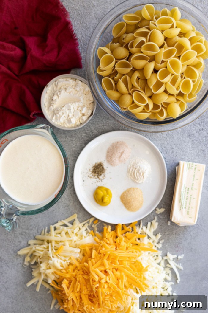 Overhead view of all fresh ingredients laid out on a counter, ready to make mac and cheese from scratch.