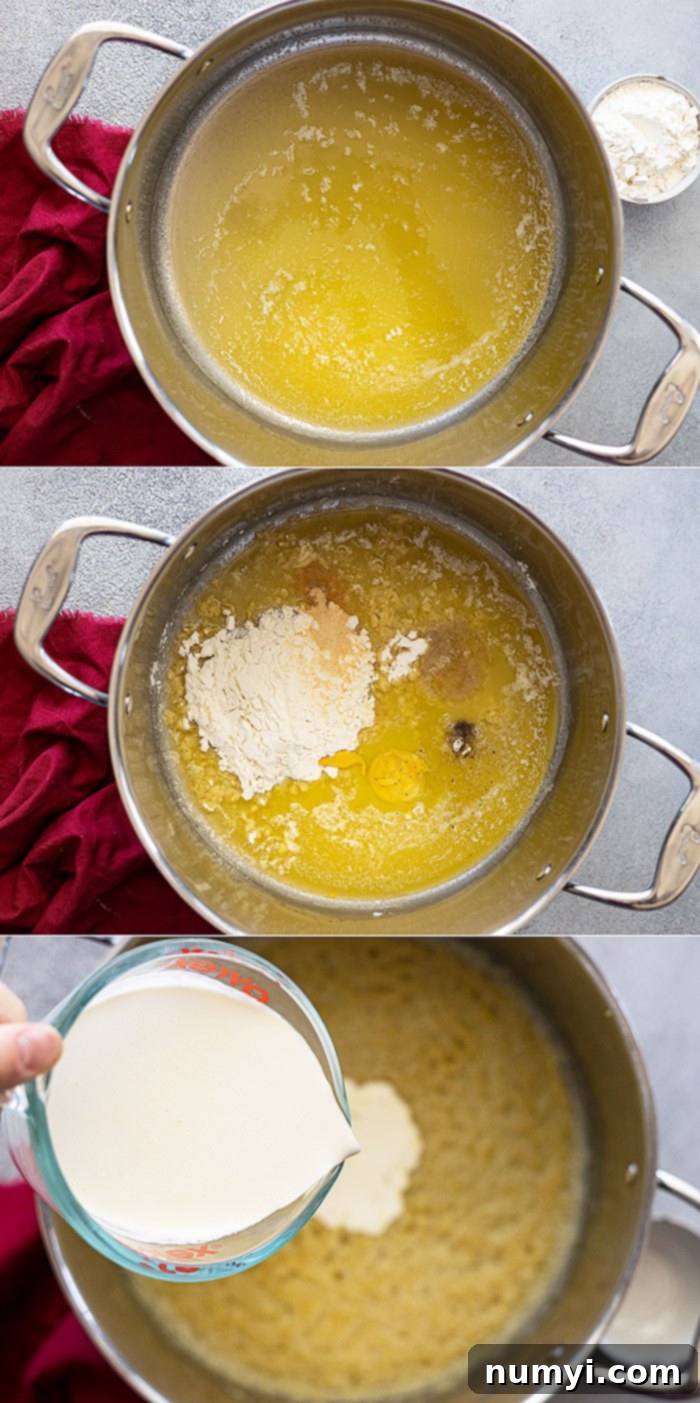Three step-by-step pictures demonstrating how to properly make a roux for a smooth cheese sauce.