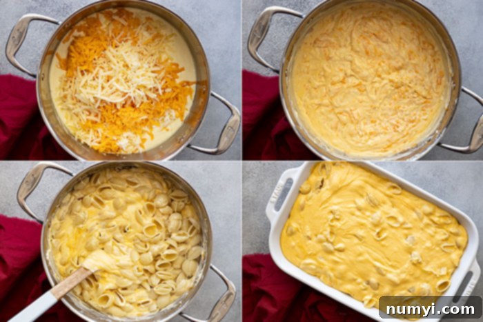 Four step-by-step pictures showing the process of combining cheese sauce with pasta and baking it to perfection.